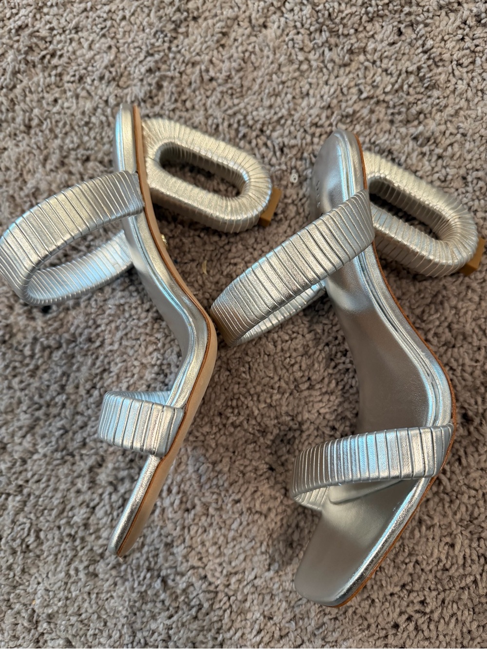 Metallic Silver Double-Strap Block Heel Sandals for Women